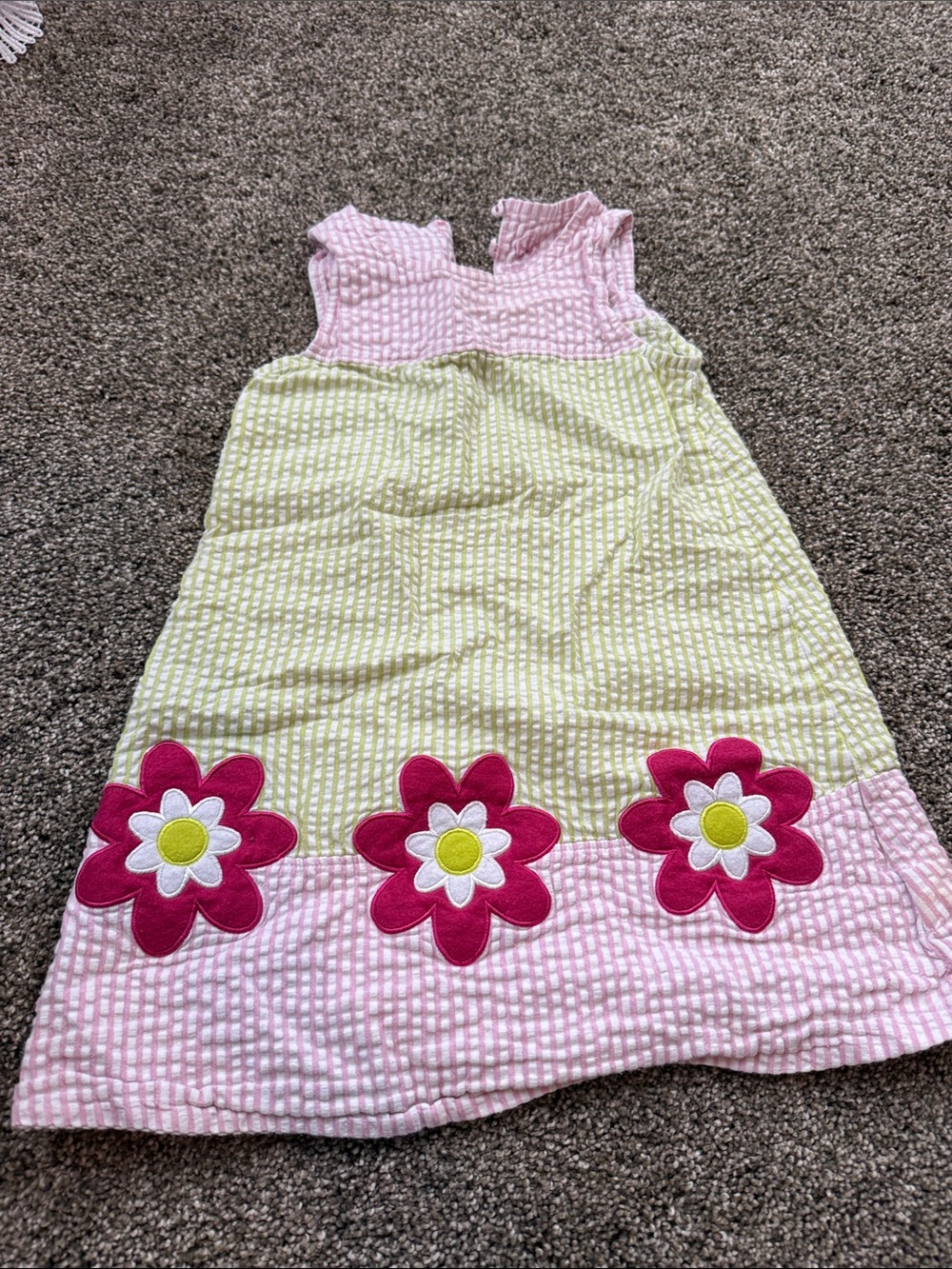 Pink & Lime Flower Appliqué Seersucker Kids Dress